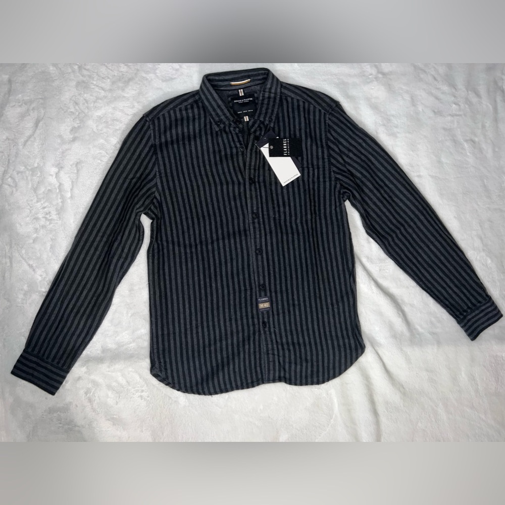 Denim & Flower Ricky Singh Men’s Flannel Shirt Black Gray Stripe Size Medium NWT